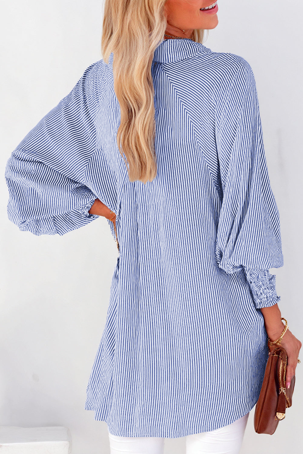 Red Stripe Smocked Cuffed Striped Boyfriend Shirt with Pocket
