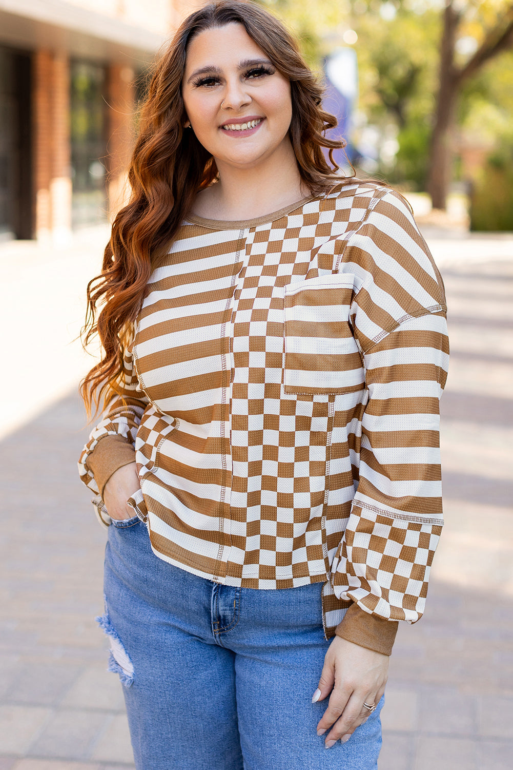 Khaki Checkerboard Striped Patchwork Lantern Sleeve Pocketed Blouse