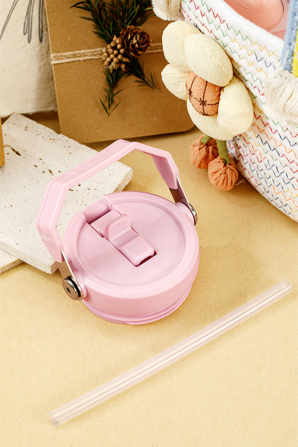 Pink 30OZ Bow Floral Print Flip Handle Straw Tumbler