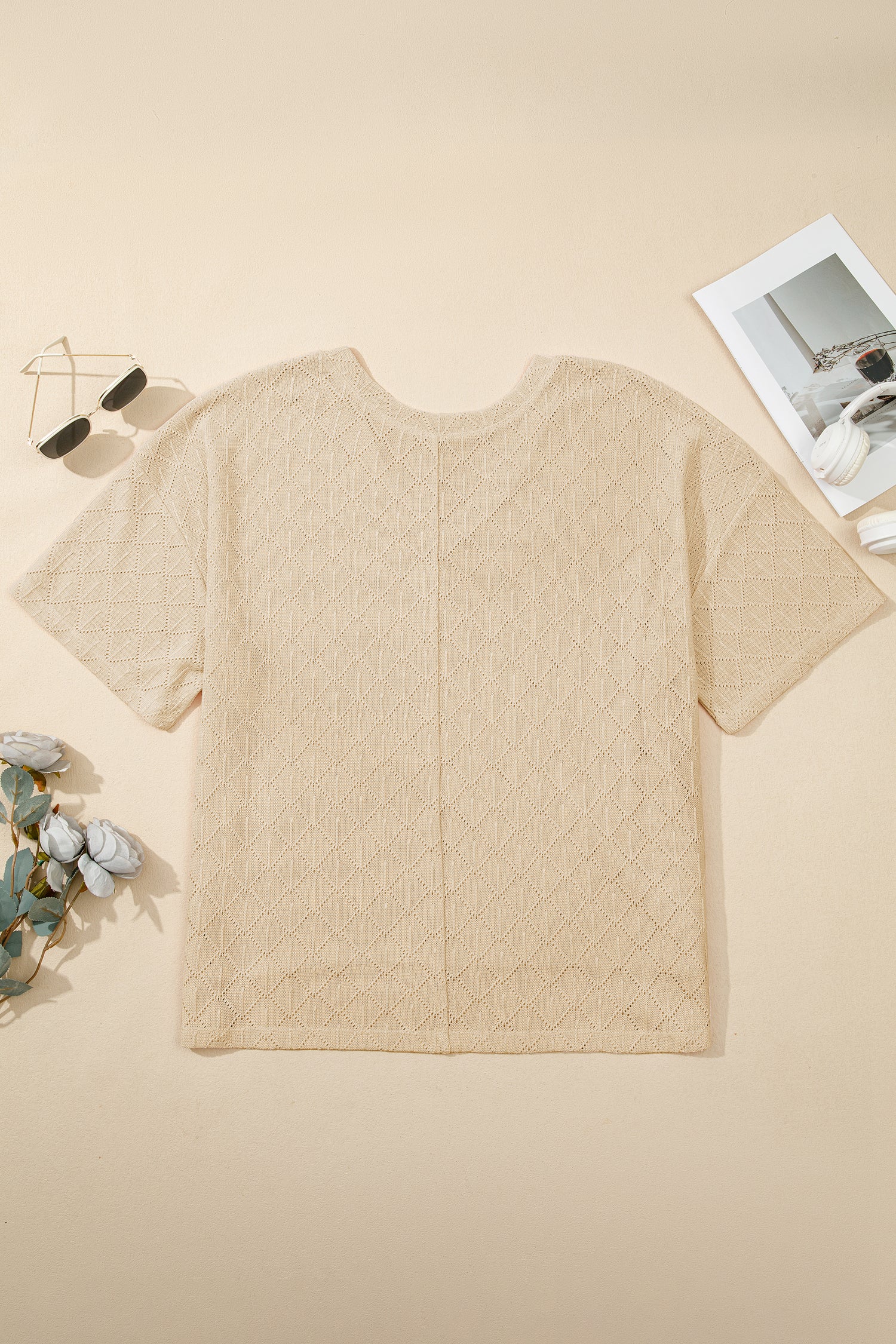 White Pointelle Rhombus Knit Plus Size V Neck Loose Top