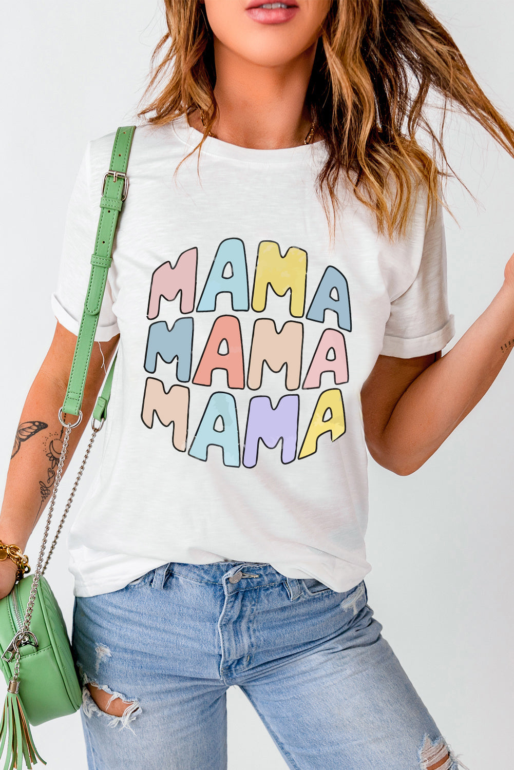 White MAMA Floral Block Graphic Casual T Shirt
