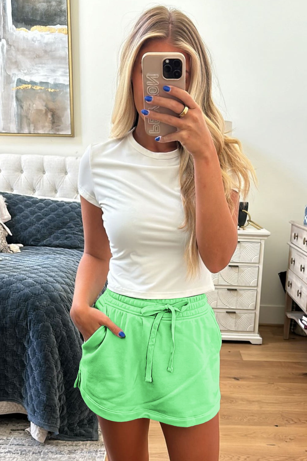 Black French Terry Drawstring Elastic Waistband Mini Skort with Pockets
