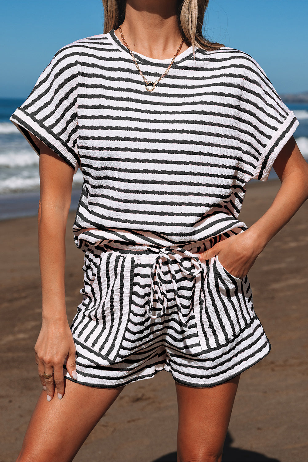 Pink Stripe Knitted Short Sleeve Top and Drawstring Shorts Set
