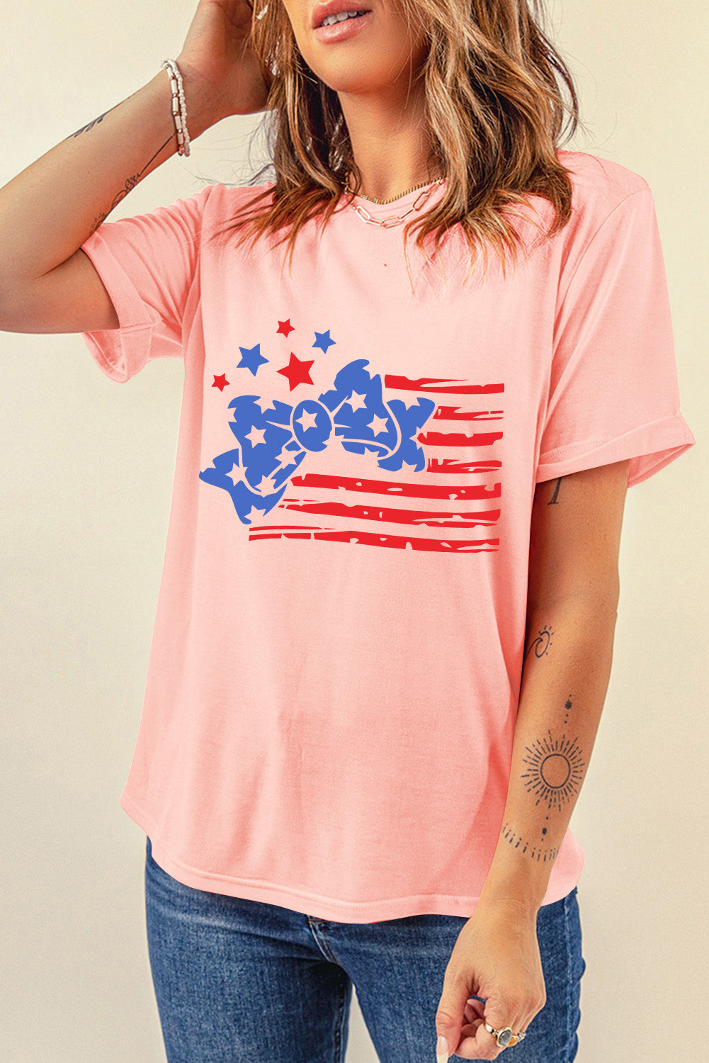 Pink Stars and Stripes Bow Knot Crew Neck T Shirt