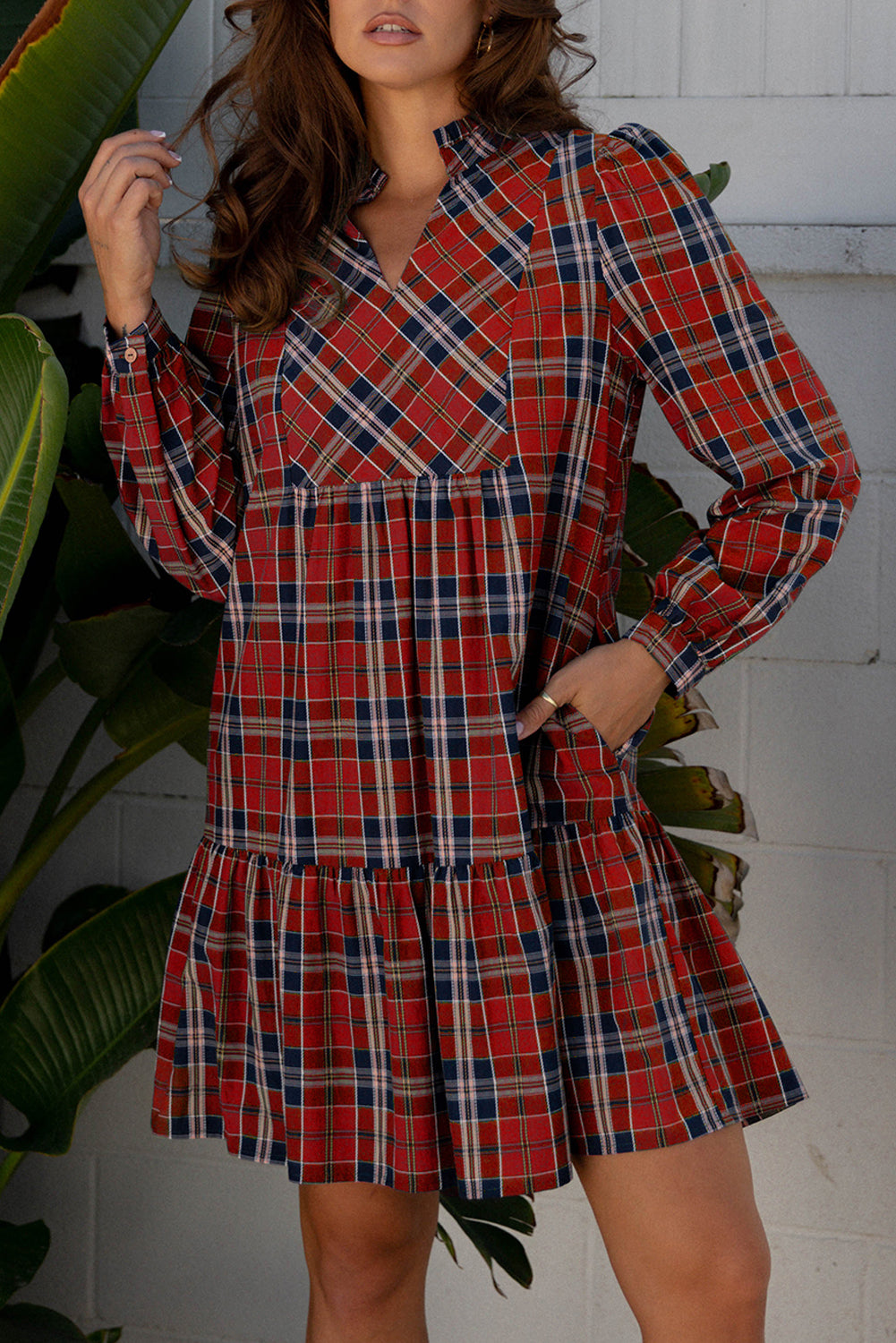 Green Plus Size Plaid Long Sleeve Notched Neck Shift Mini Dress