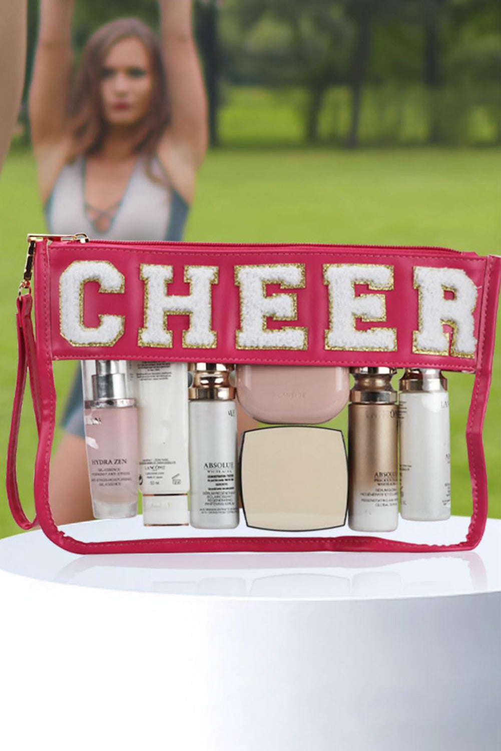 Fiery Red CHEER Chenille Letter PU Leather Patchwork Clear Makeup Bag