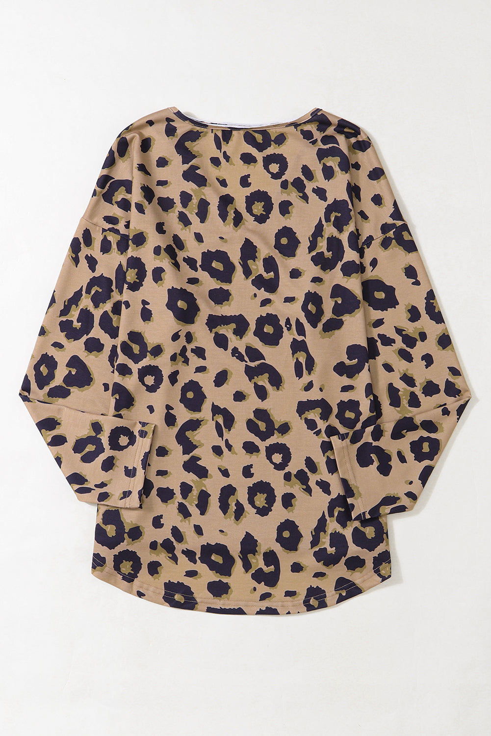 Brown Leopard Split Joint V Neck Long Sleeve Tops