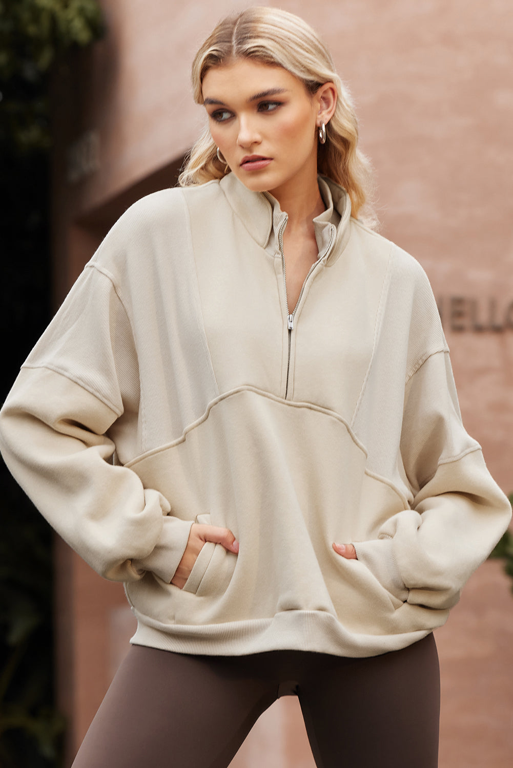 Black Half Zip Stand Collar Exposed Seam Solid Color Casual Sweatshirt