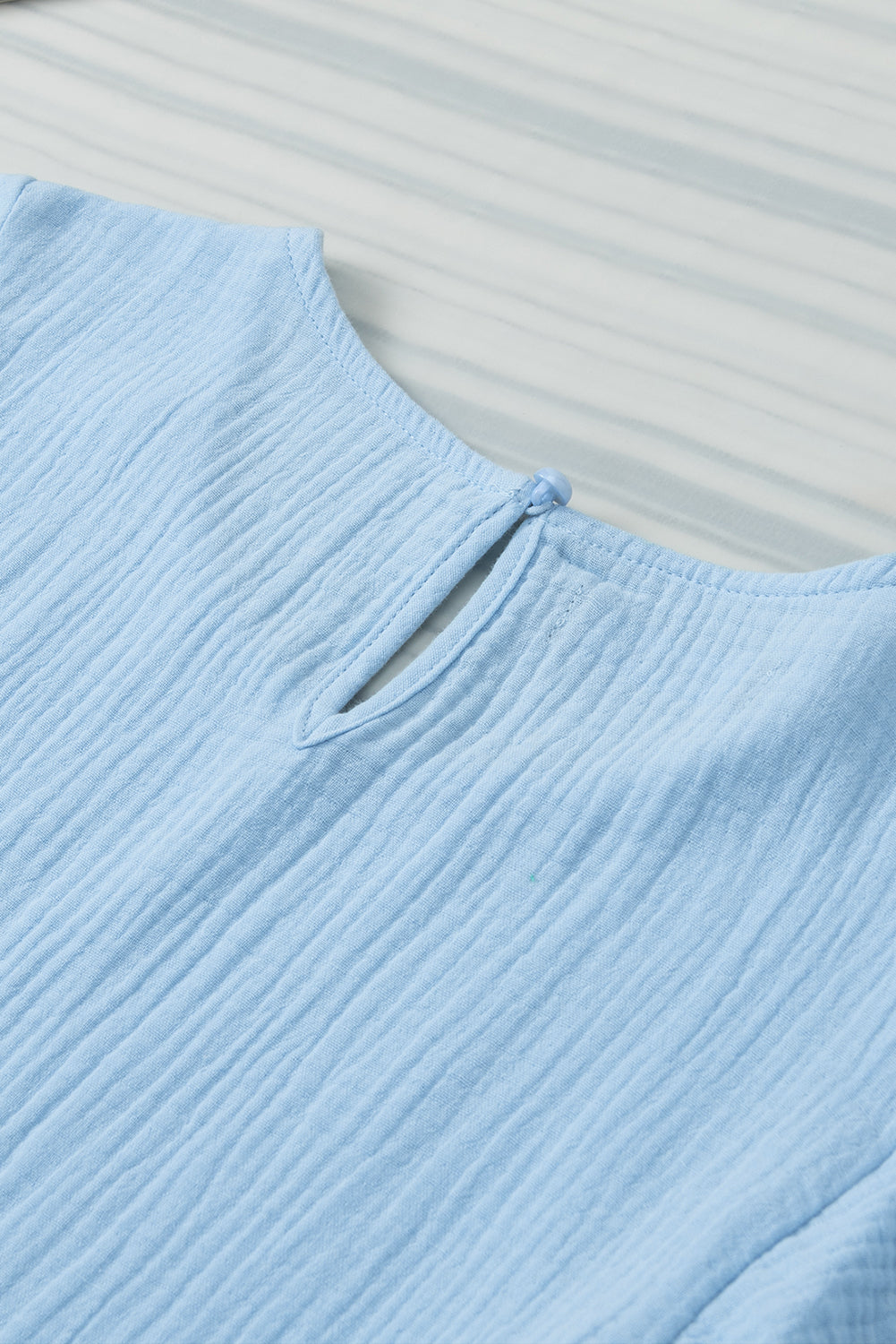 Light Blue Crinkled Cotton Gauze Ruffle Sleeve Blouse