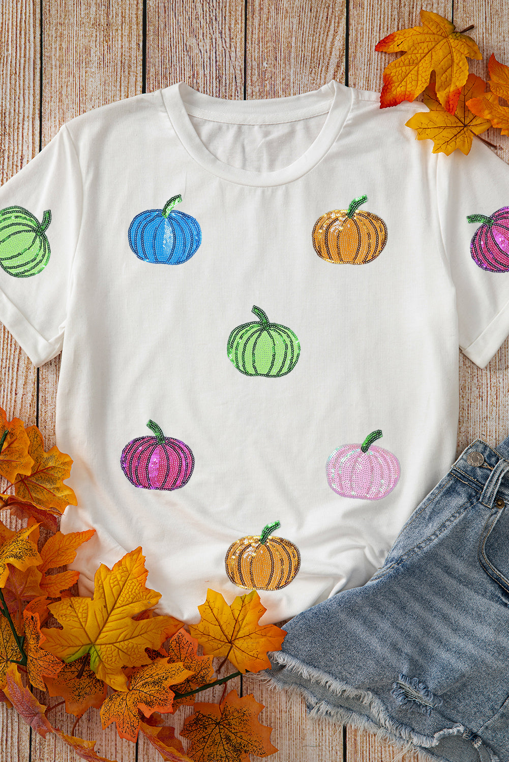White Colorful Pumpkin Sequin Patched Drop Shoulder Sweatshirt