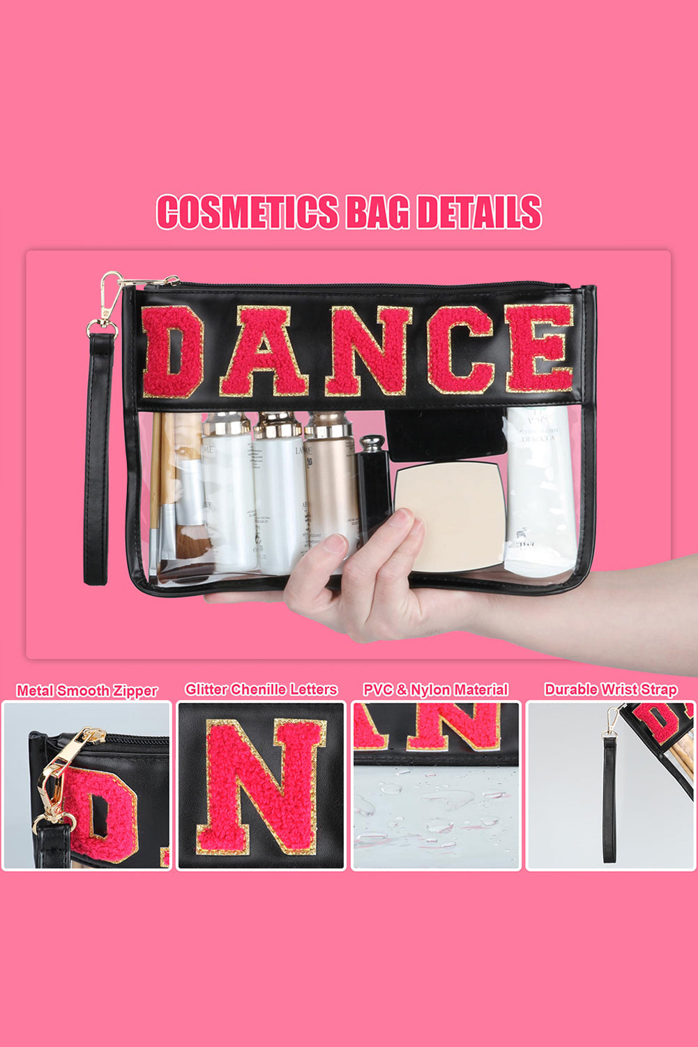Fiery Red CHEER Chenille Letter PU Leather Patchwork Clear Makeup Bag