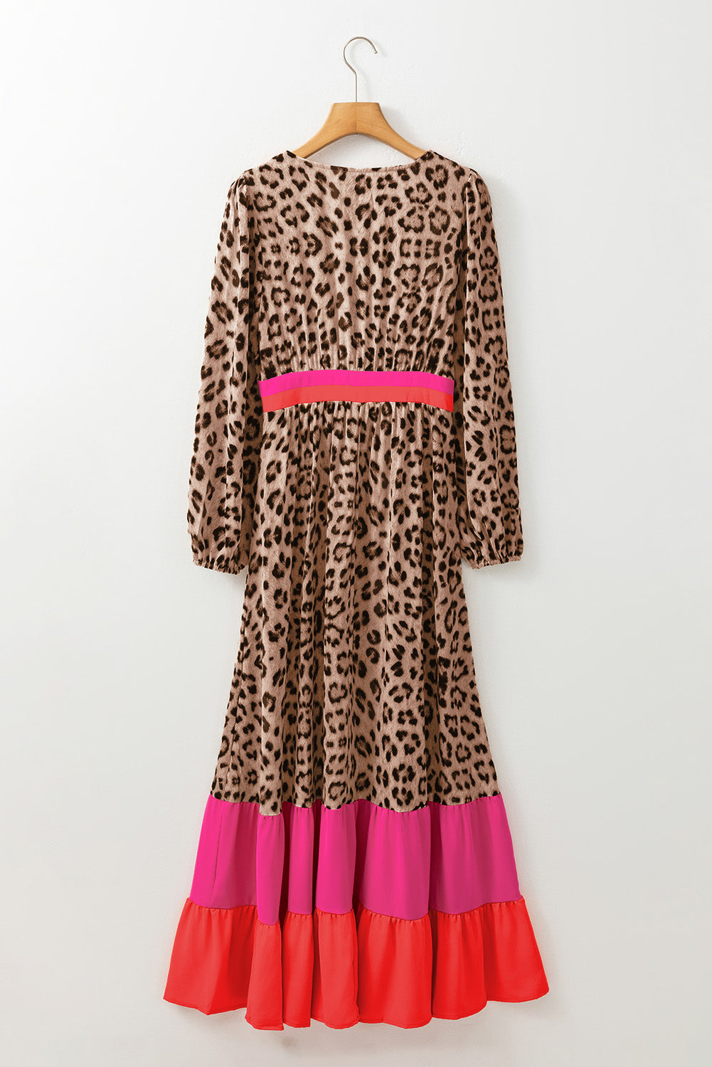 Khaki Cheetah Color Block V Neck Balloon Sleeve Babydoll Blouse