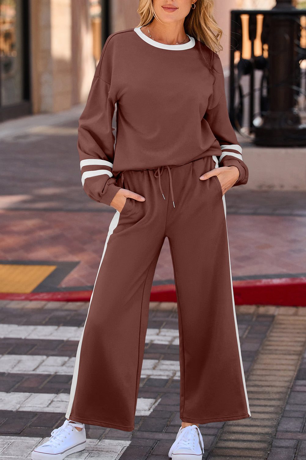 Gray Varsity Stripe Patchwork Puff Sleeve Pullover Drawstring Wide Leg Pant Set