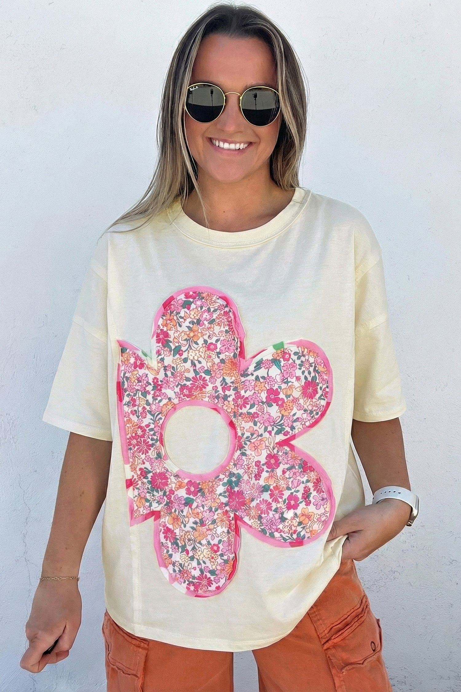 Bright Pink Floral Patched Raw Seam Big Flower Oversize Tee