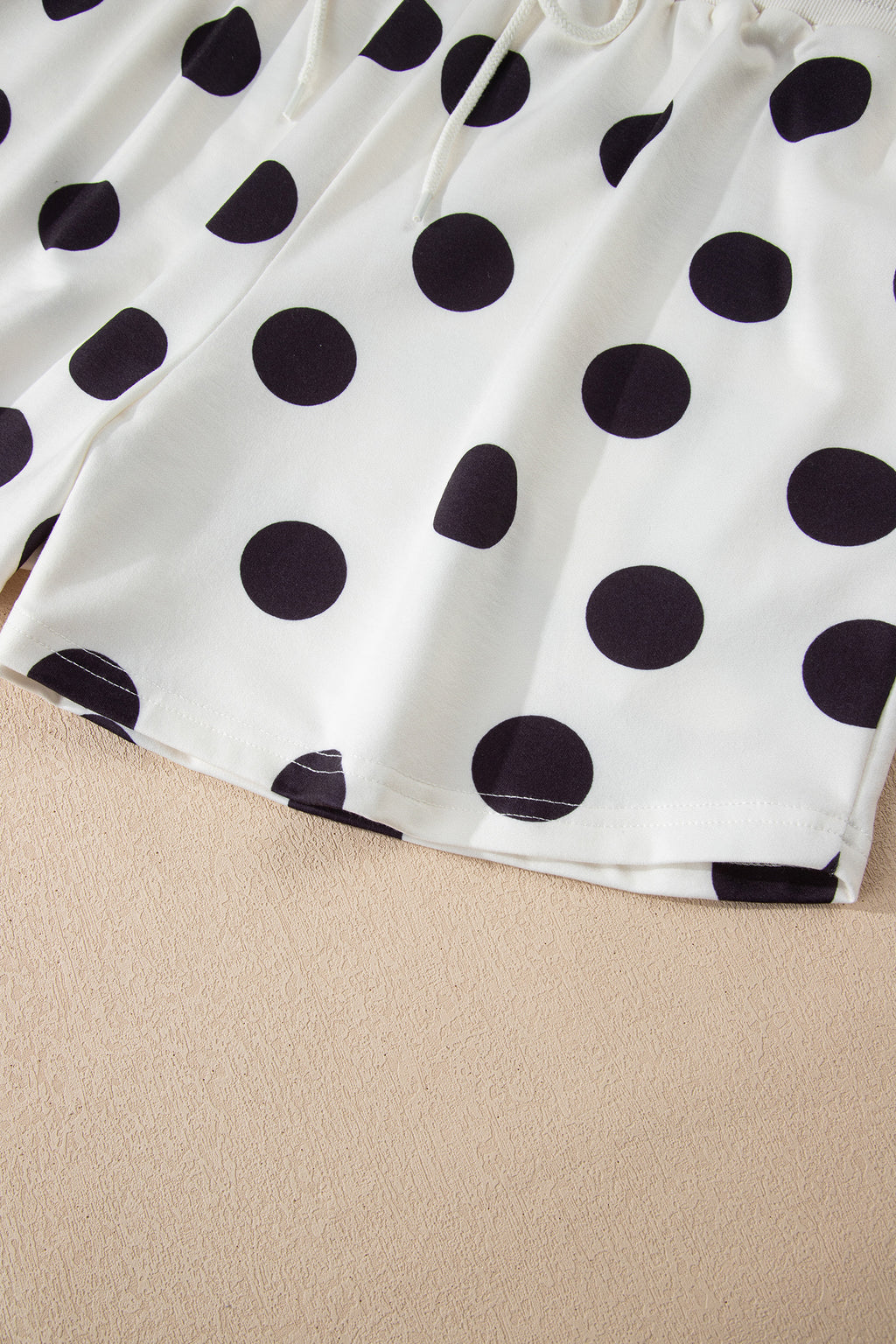 Beige Polka Dot Print Drop Shoulder Pullover Drawstring Jogger Pant Set