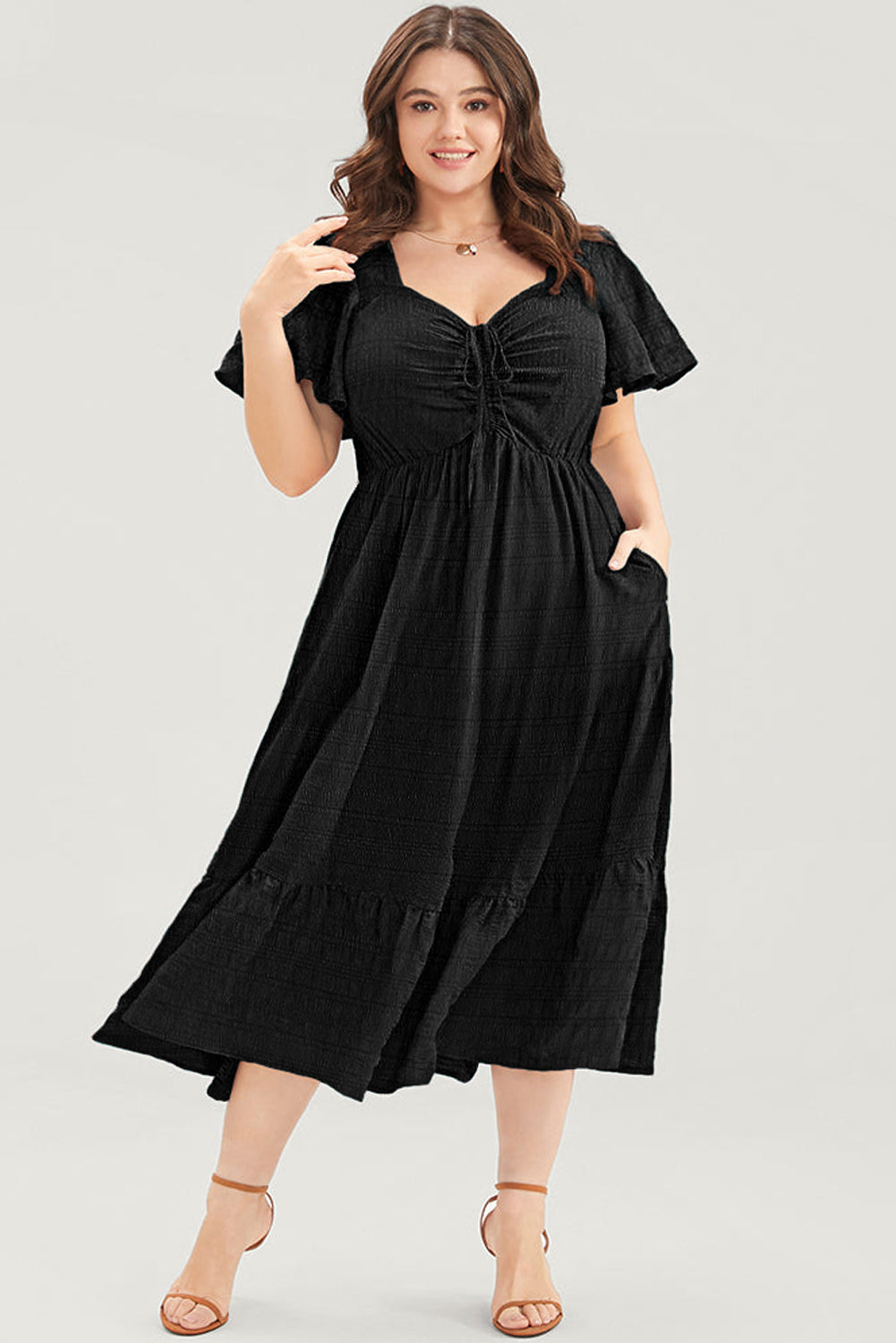 Red Plus Size Short Sleeve Lace-up High Waist Midi Dress