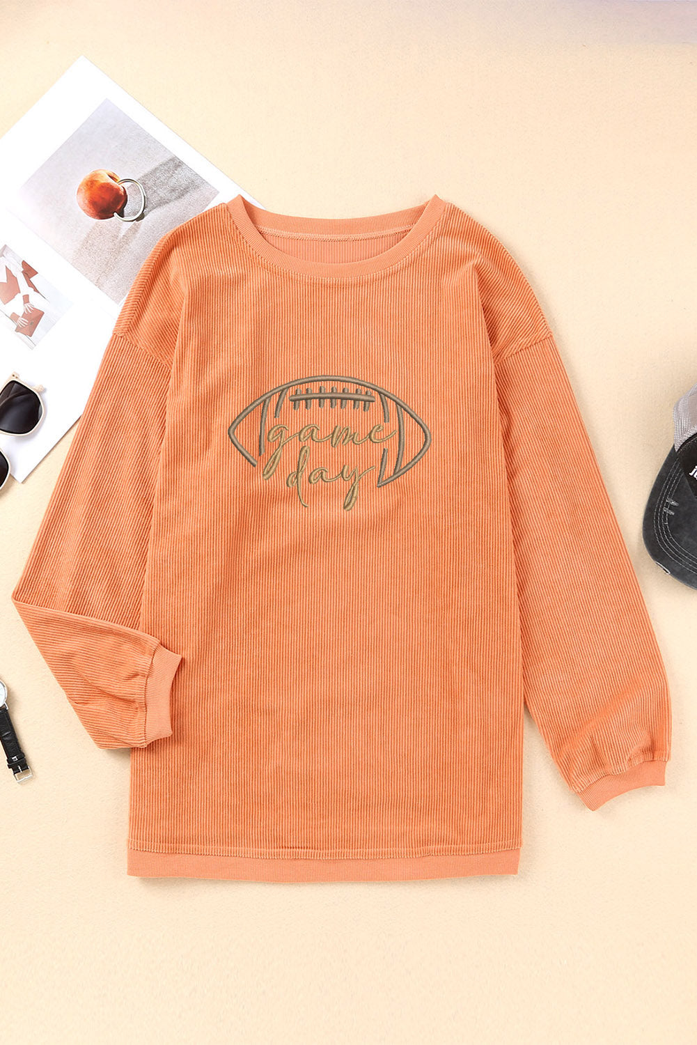 Apricot Rugby Game Day Embroidered Corduroy Sweatshirt