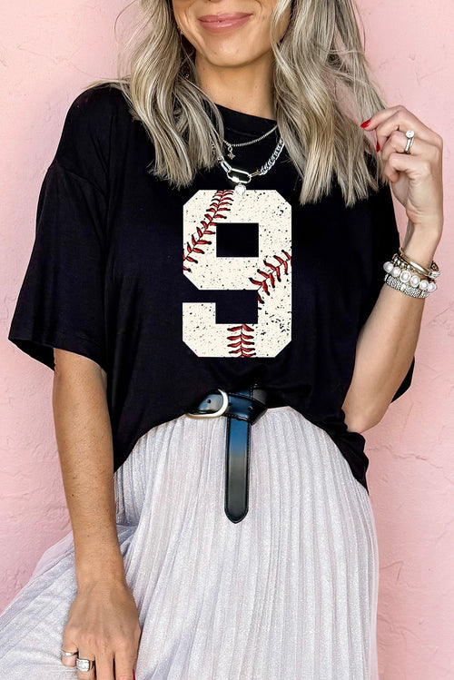 Black Number 9 Distressed Baseball Pattern Oversize Tee