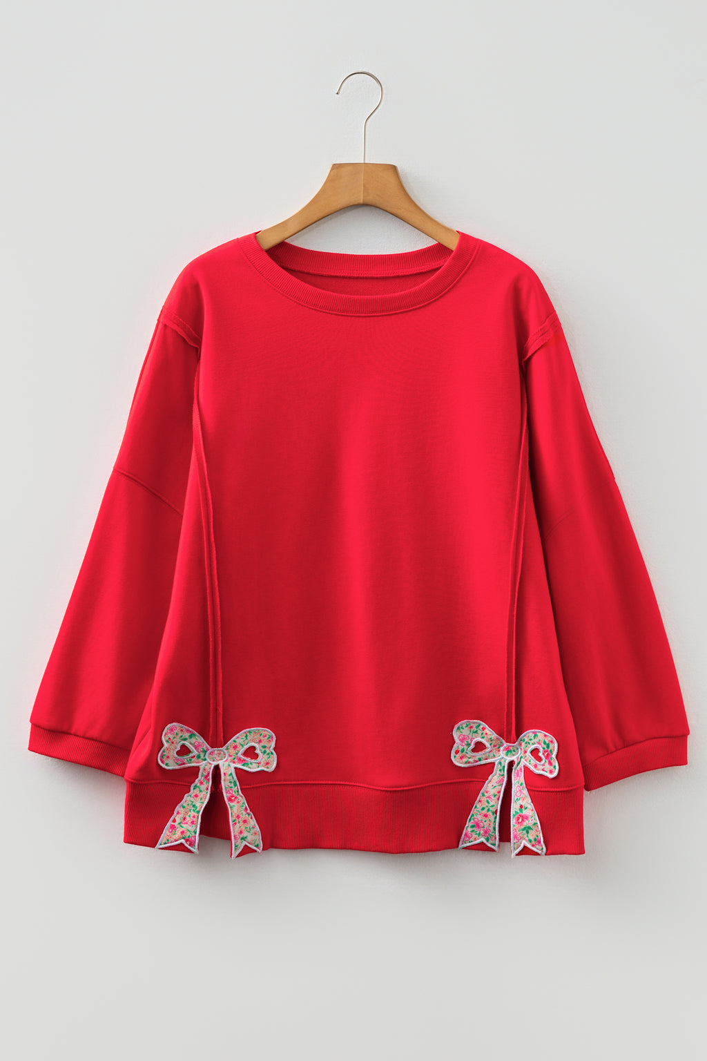 Beige Plus Size Raw Seam Detail Floral Bow Patched Baggy Pullover