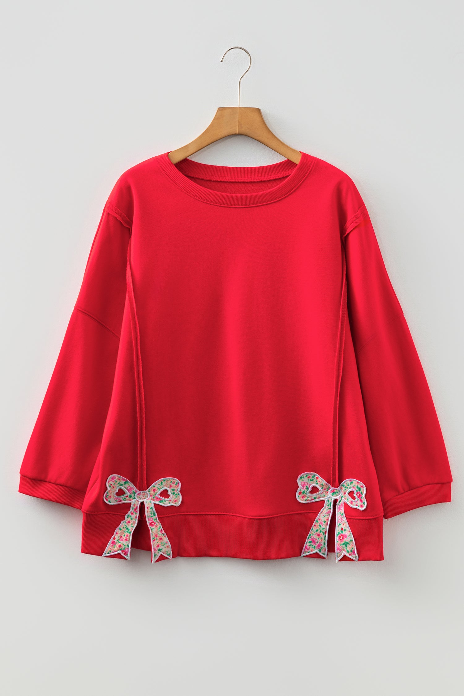 Beige Plus Size Raw Seam Detail Floral Bow Patched Baggy Pullover