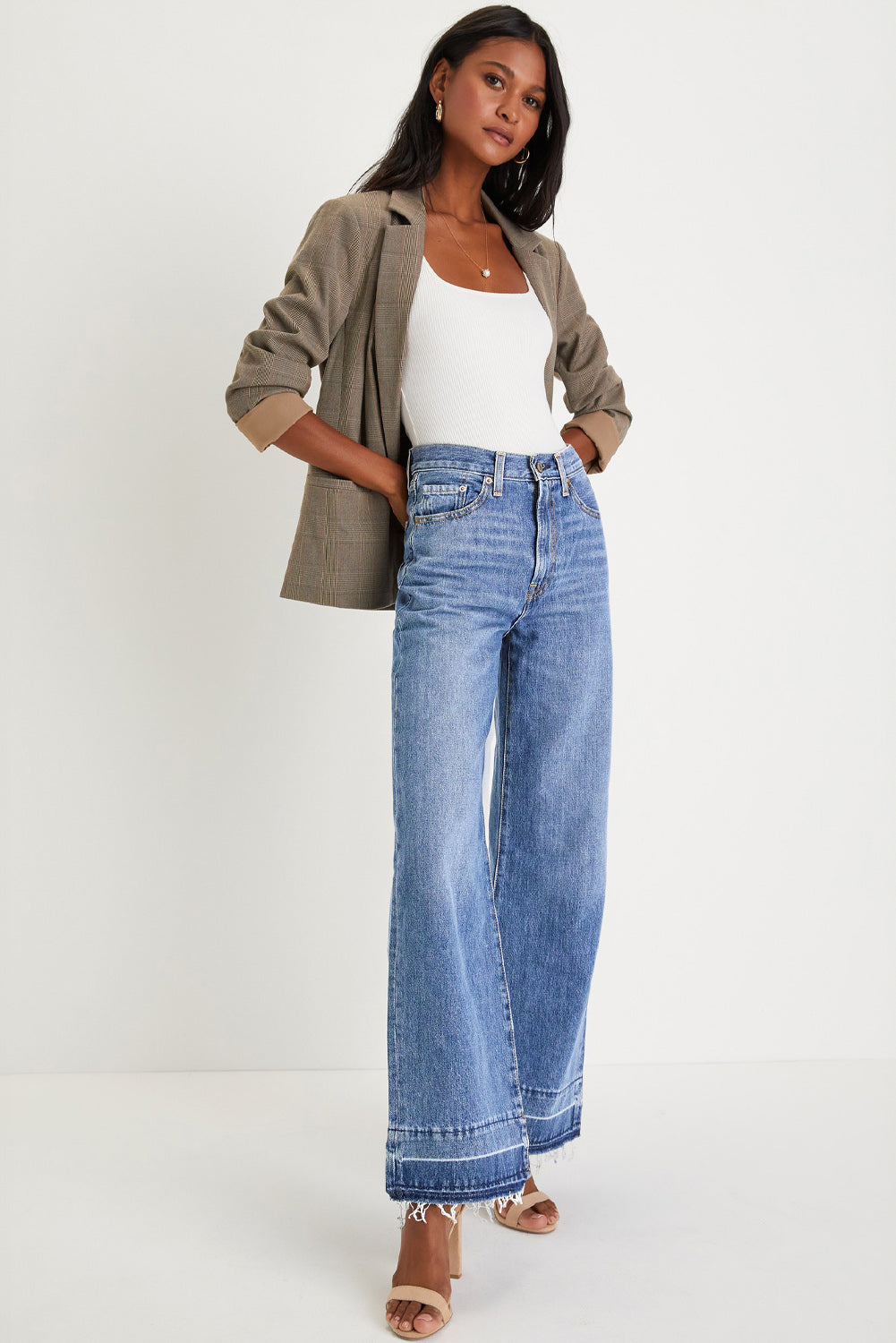 Real Teal Raw Hem Unique Cuffs Straight High Rise Loose Jeans