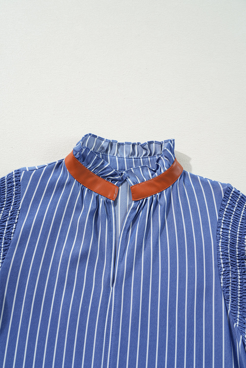 Sky Blue Stripe Frilly Split Neck Shirred Ruffle Sleeve Short Shift Dress