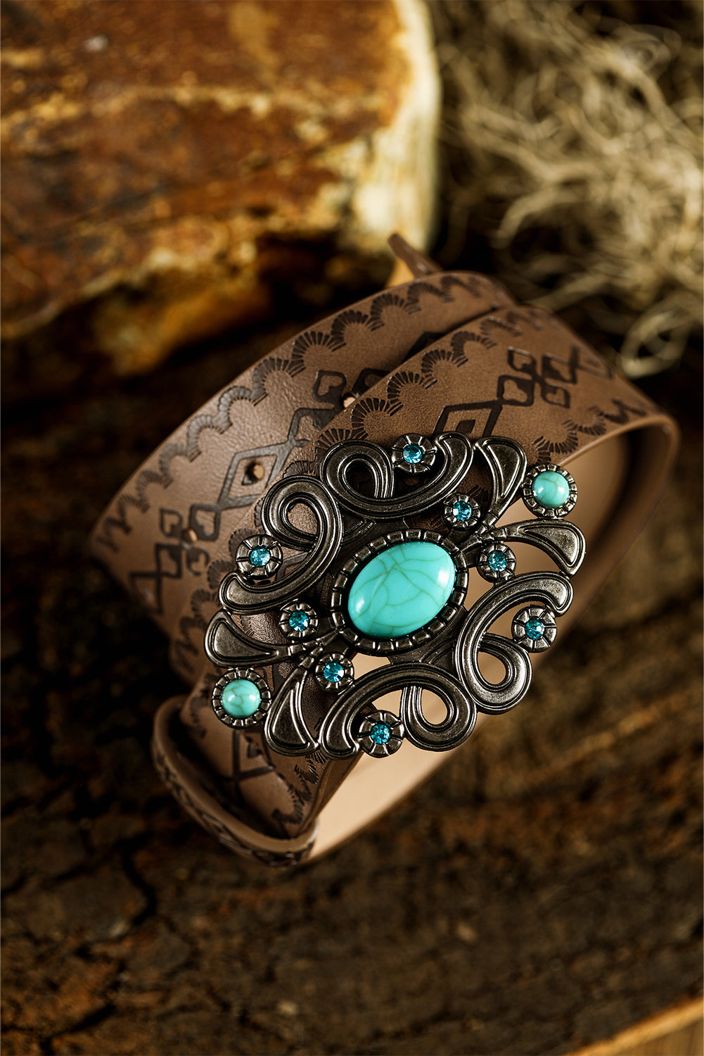 Chestnut Western Floral PU Leather Turquoise Metal Hardware Waist Belt