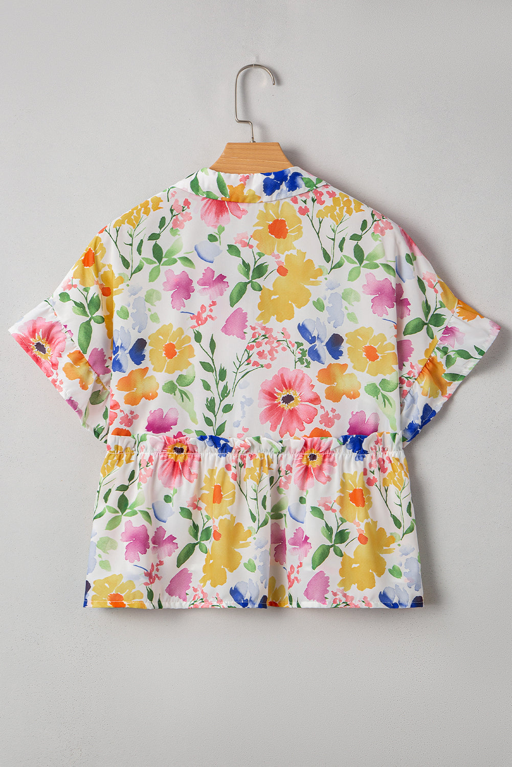 Pink Floral Boxy Fit Ruffled Short Sleeve V Neck Blouse