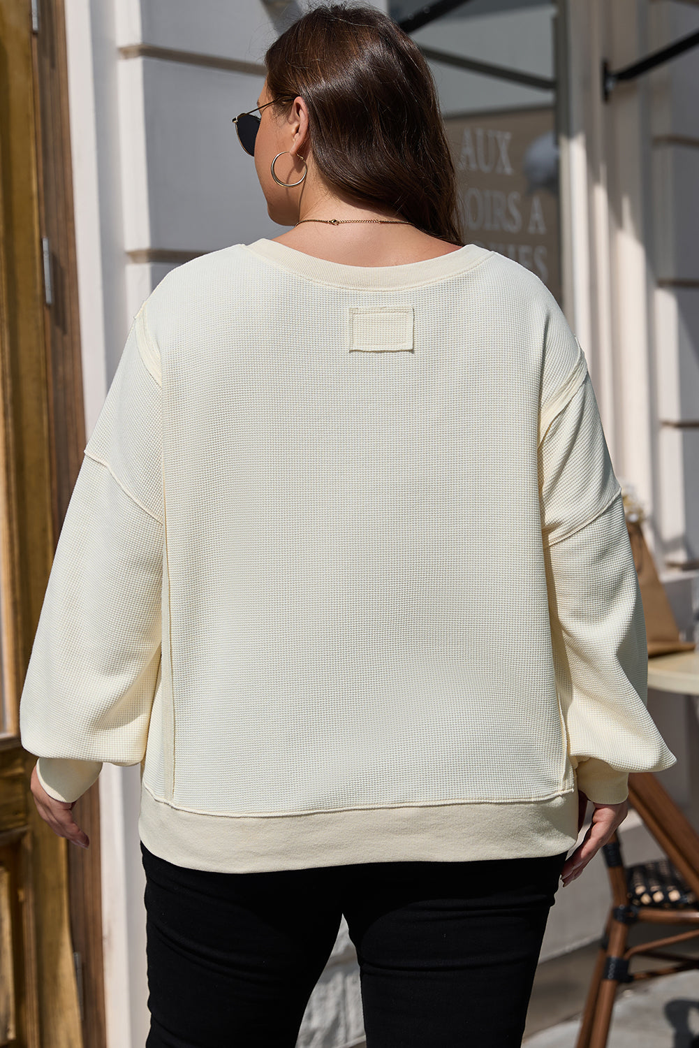 White Waffle knit Bishop Sleeve Split Oversized Top