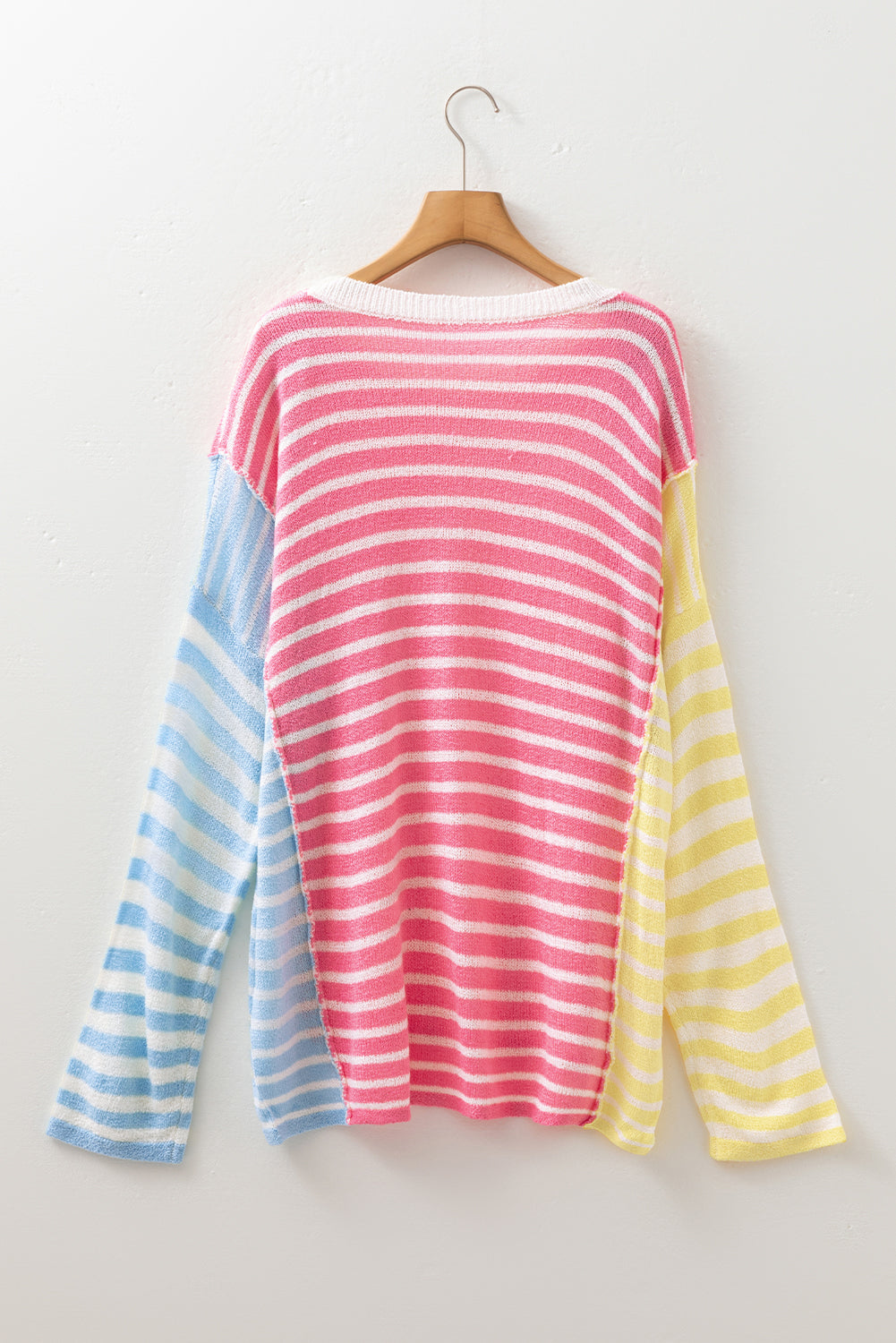 Multicolour Color Block Striped Patchwork Dolman Sleeve Slit Sweater
