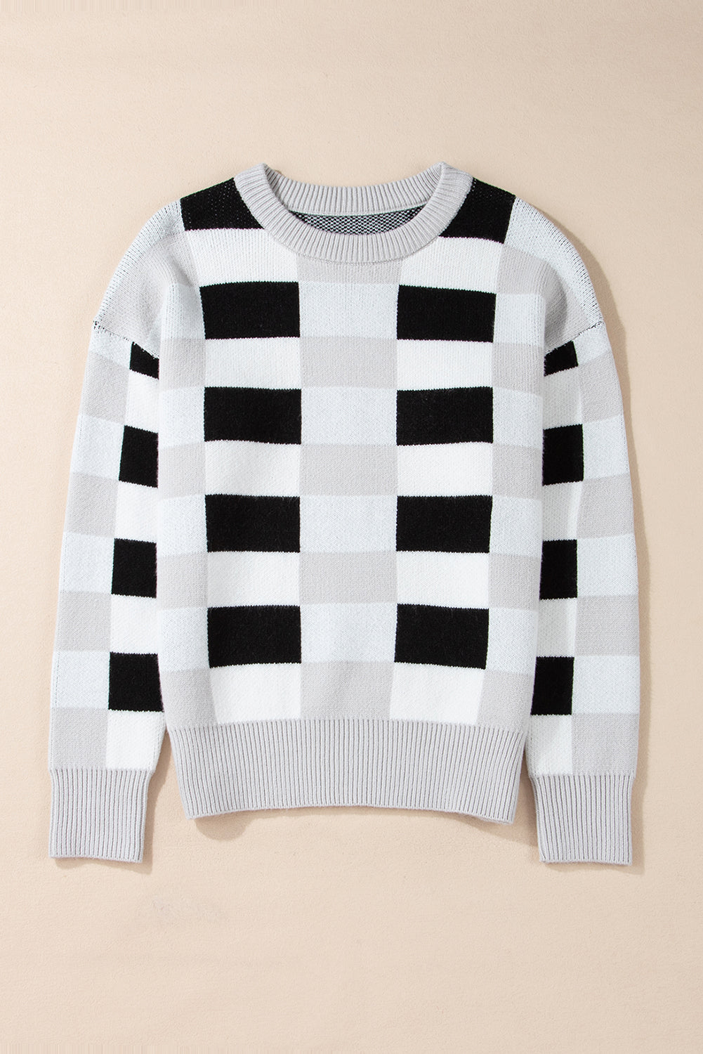 Khaki Checkered Ribbed Edge O Neck Drop Shoulder Sweater