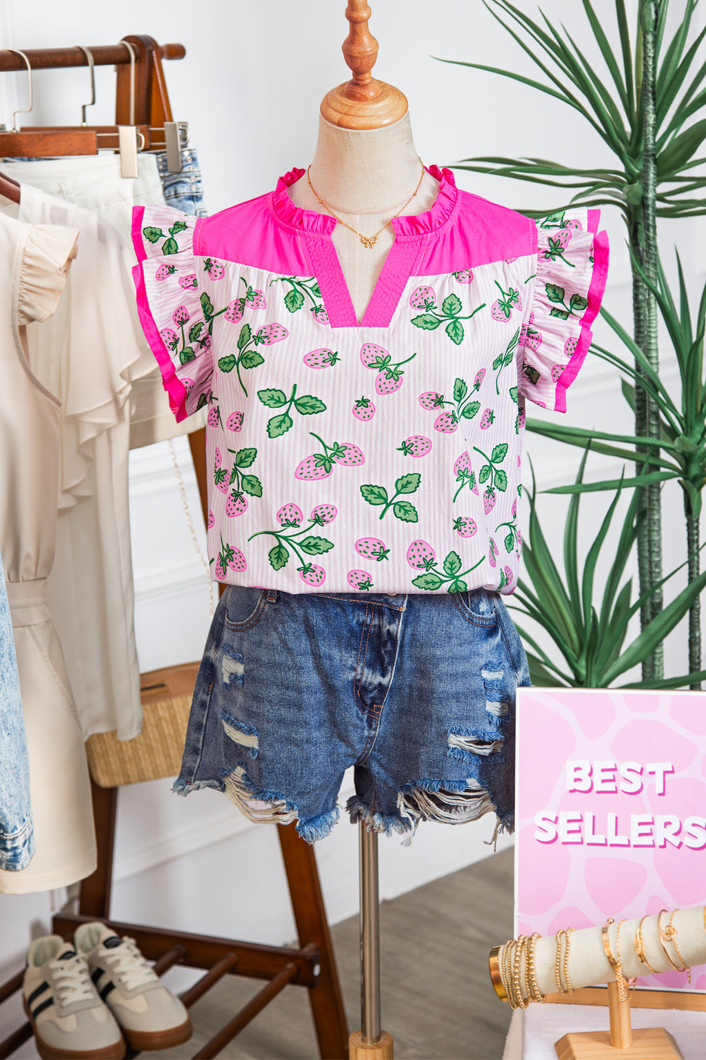 Pink Striped Strawberry Printed Color Block Patchwork V Neck Flutter Sleeve Blouse