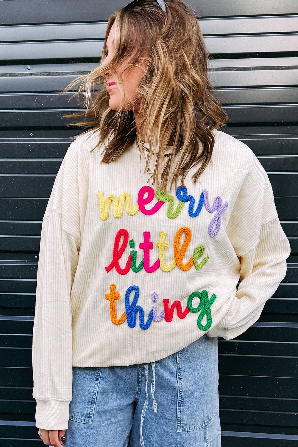 Dark Green merry little thing Corded Letter Graphic Ribbed Loose Sweatshirt