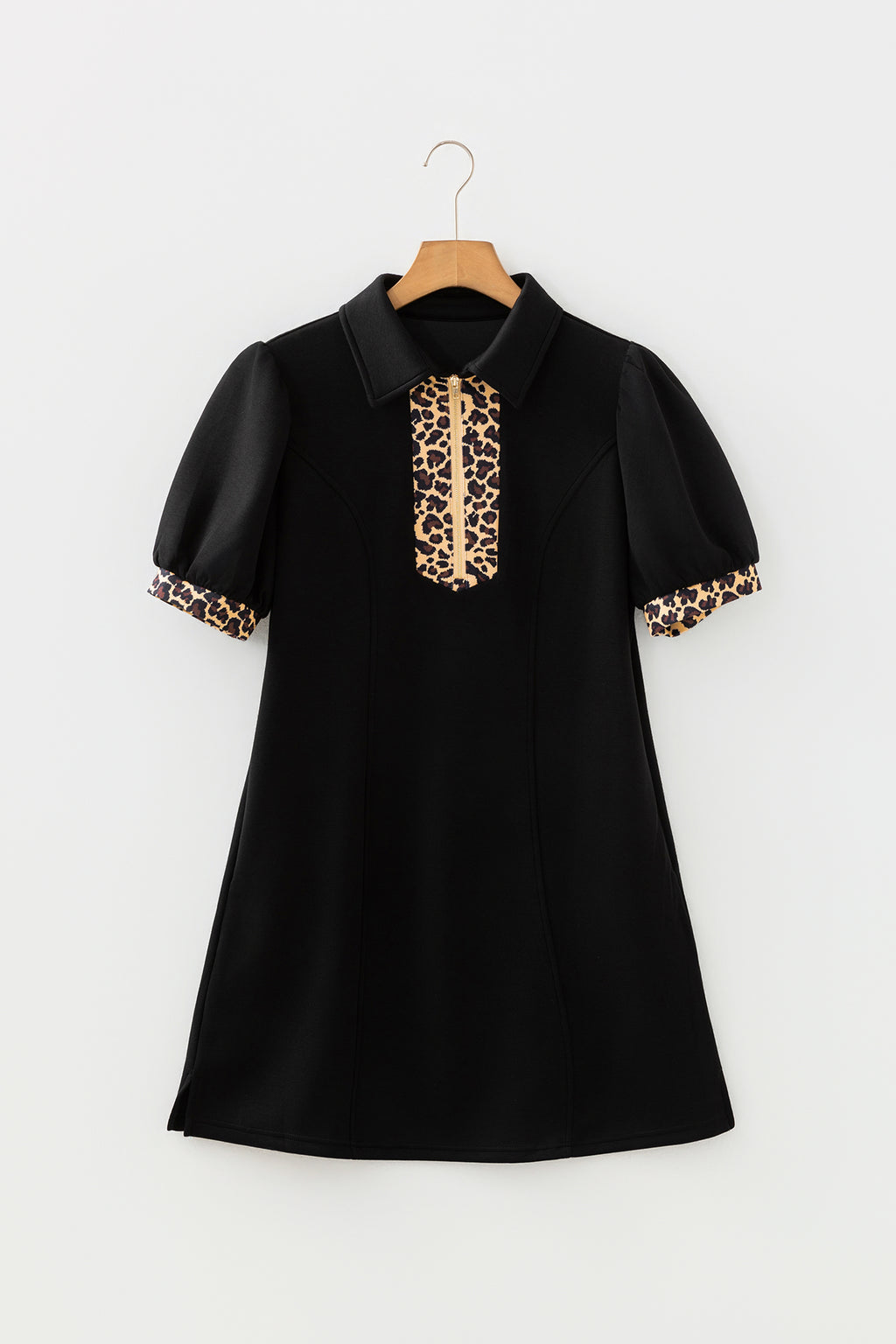 Sea Green Leopard Patchwork Detail Quarter Zip Collared Plus Size Mini Dress