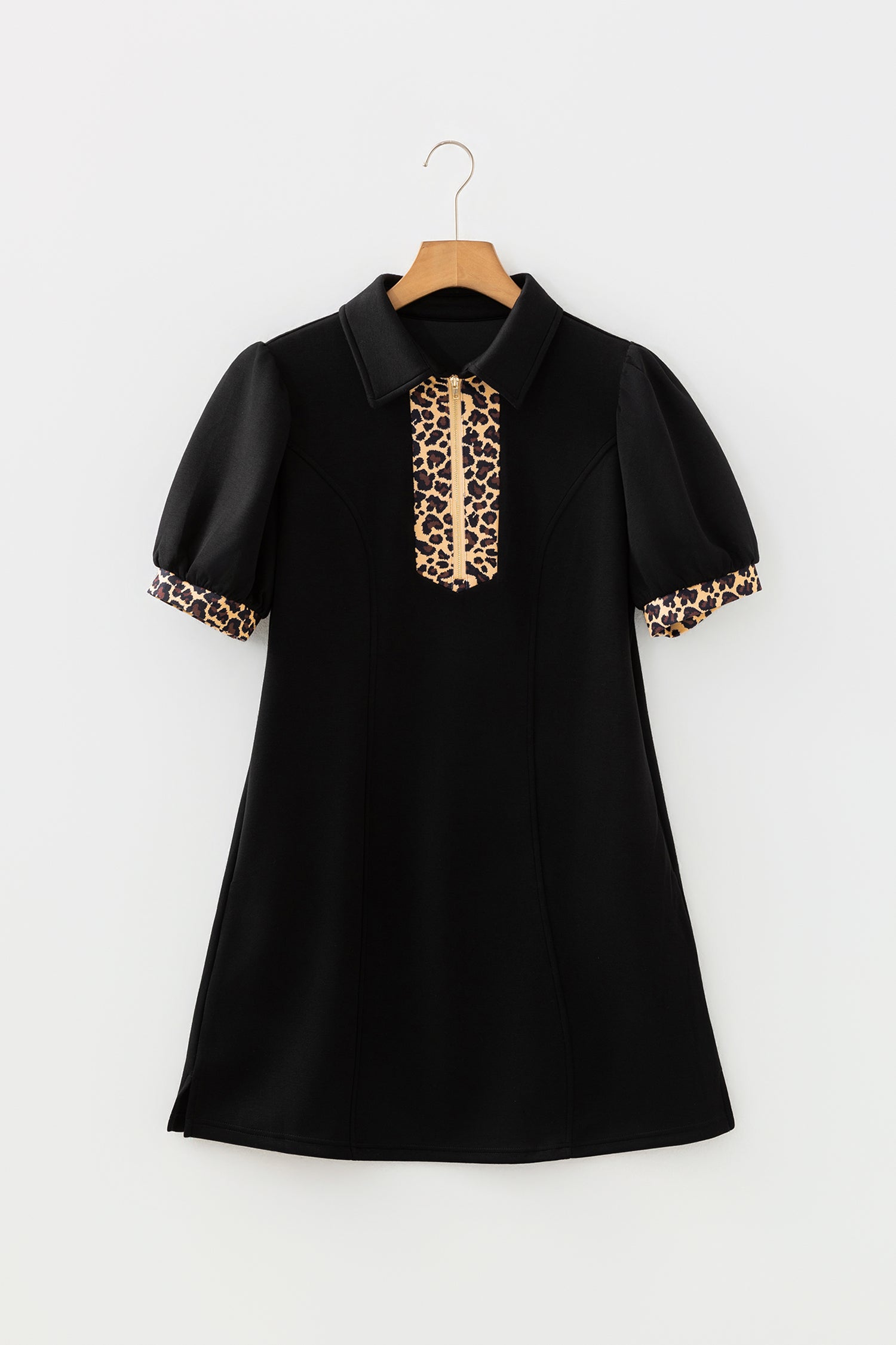 Sea Green Leopard Patchwork Detail Quarter Zip Collared Plus Size Mini Dress