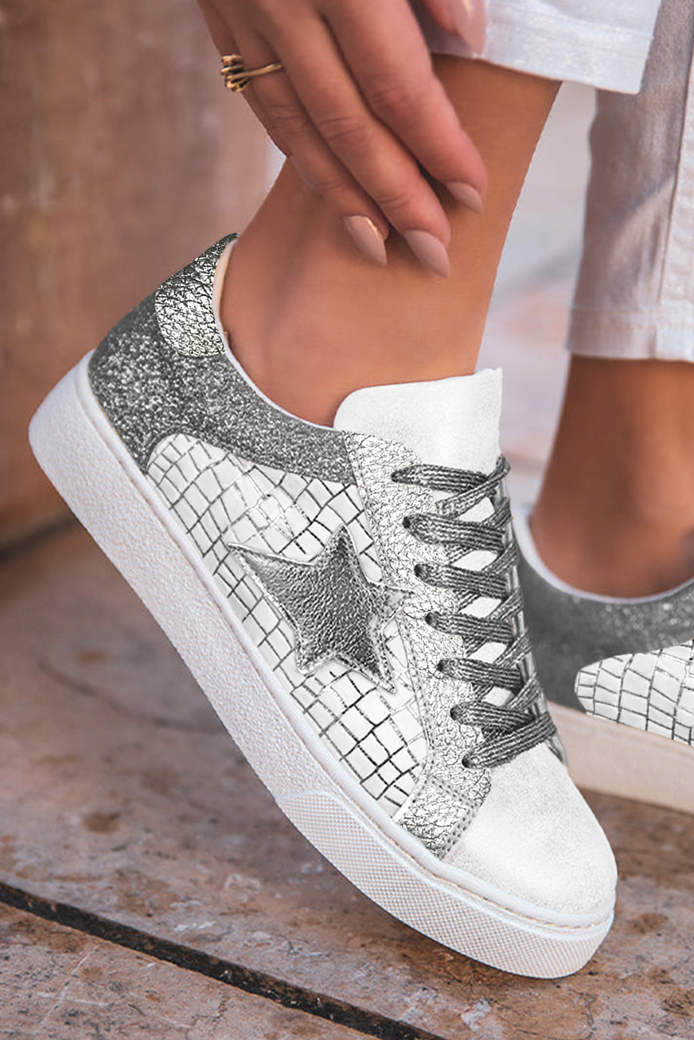 Dearlove Gold Glitter Star Patchwork PU Leather Lace-up Sneakers
