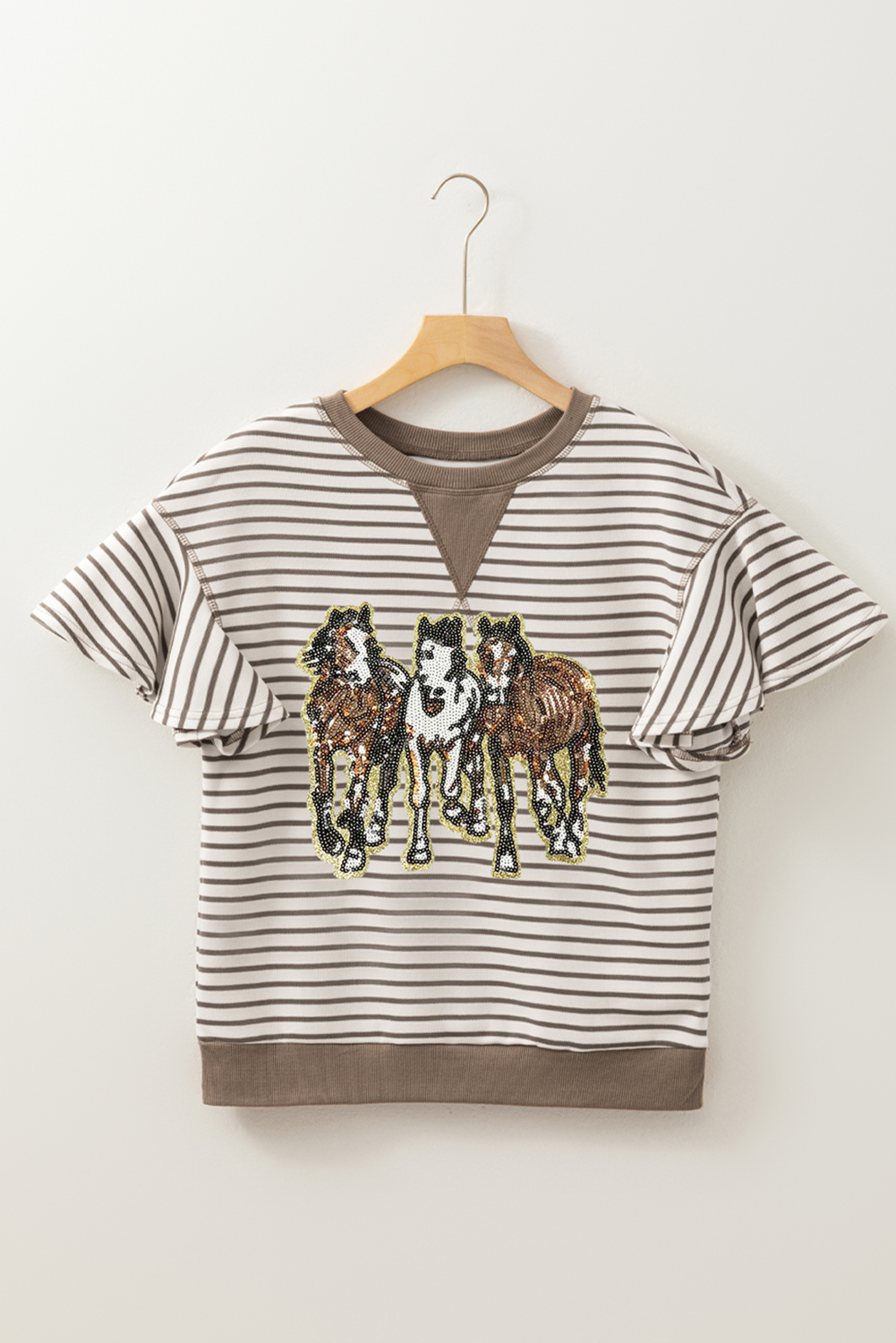 Parchment Sequin Horses Patched Striped Colorblock Ruffle Sleeve Top
