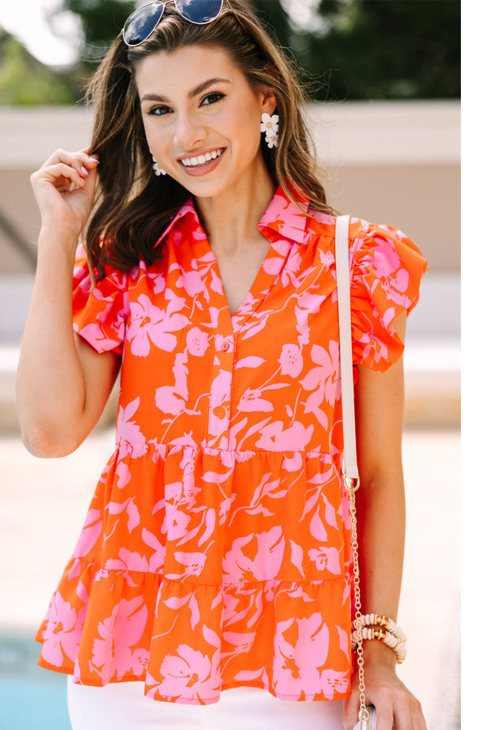 Orange Floral Print Collared Button Neckline Flutter Sleeve Blouse