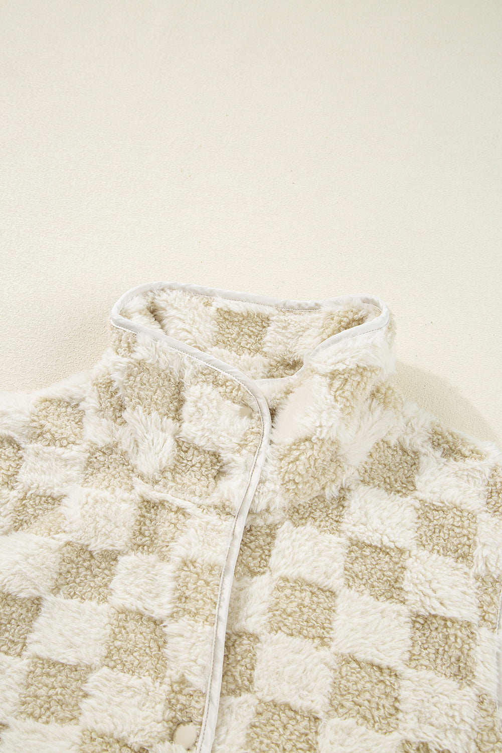 Khaki Sherpa Checkerboard Snap Button Vest Jacket With Pocket