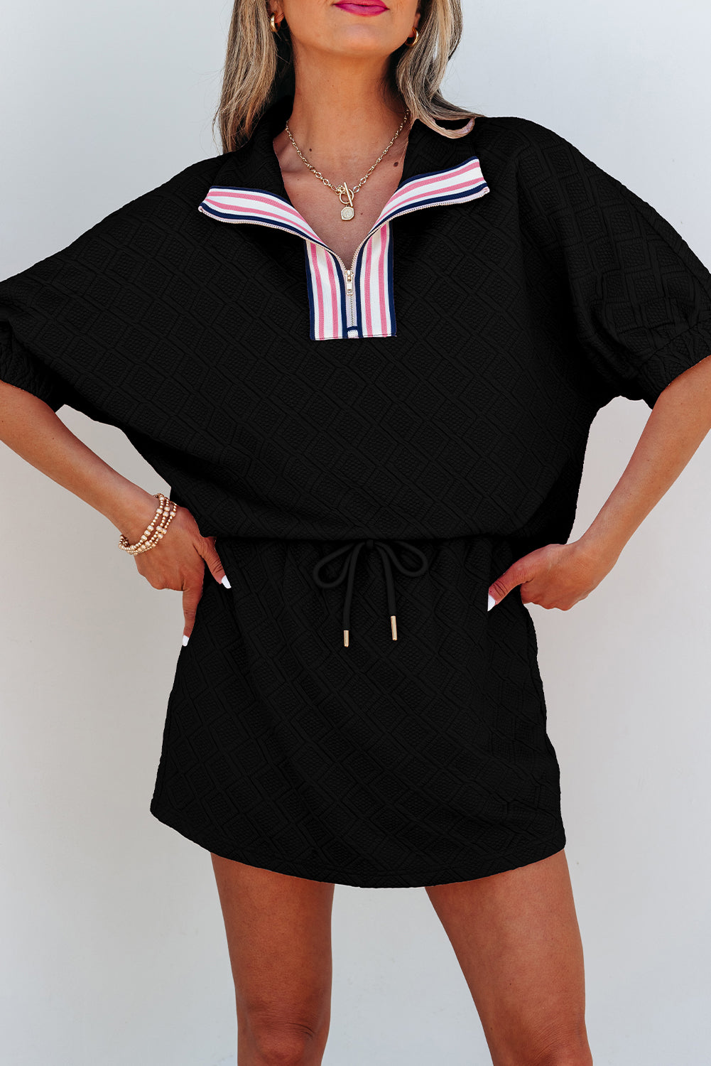 White Textured Jacquard Colorblock Edge Puff Sleeve Quarter Zip Mini Dress