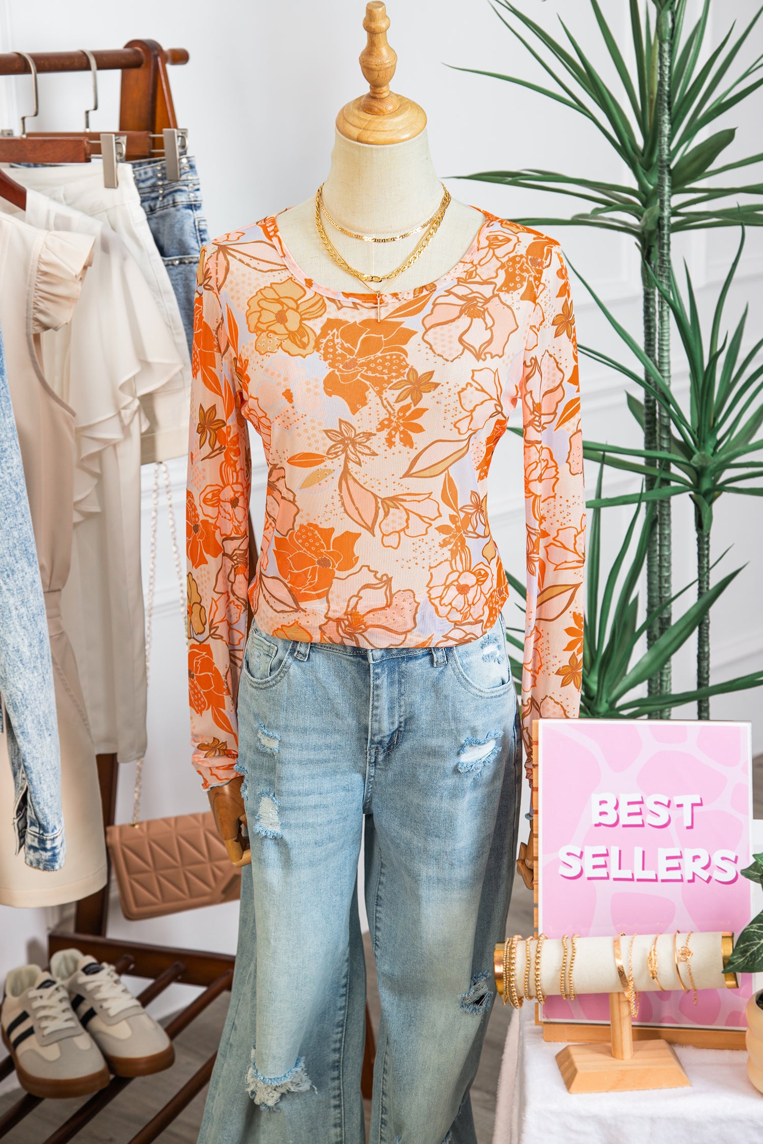 Multicolour Floral Print Lettuce Trim Slim Long Sleeve Top