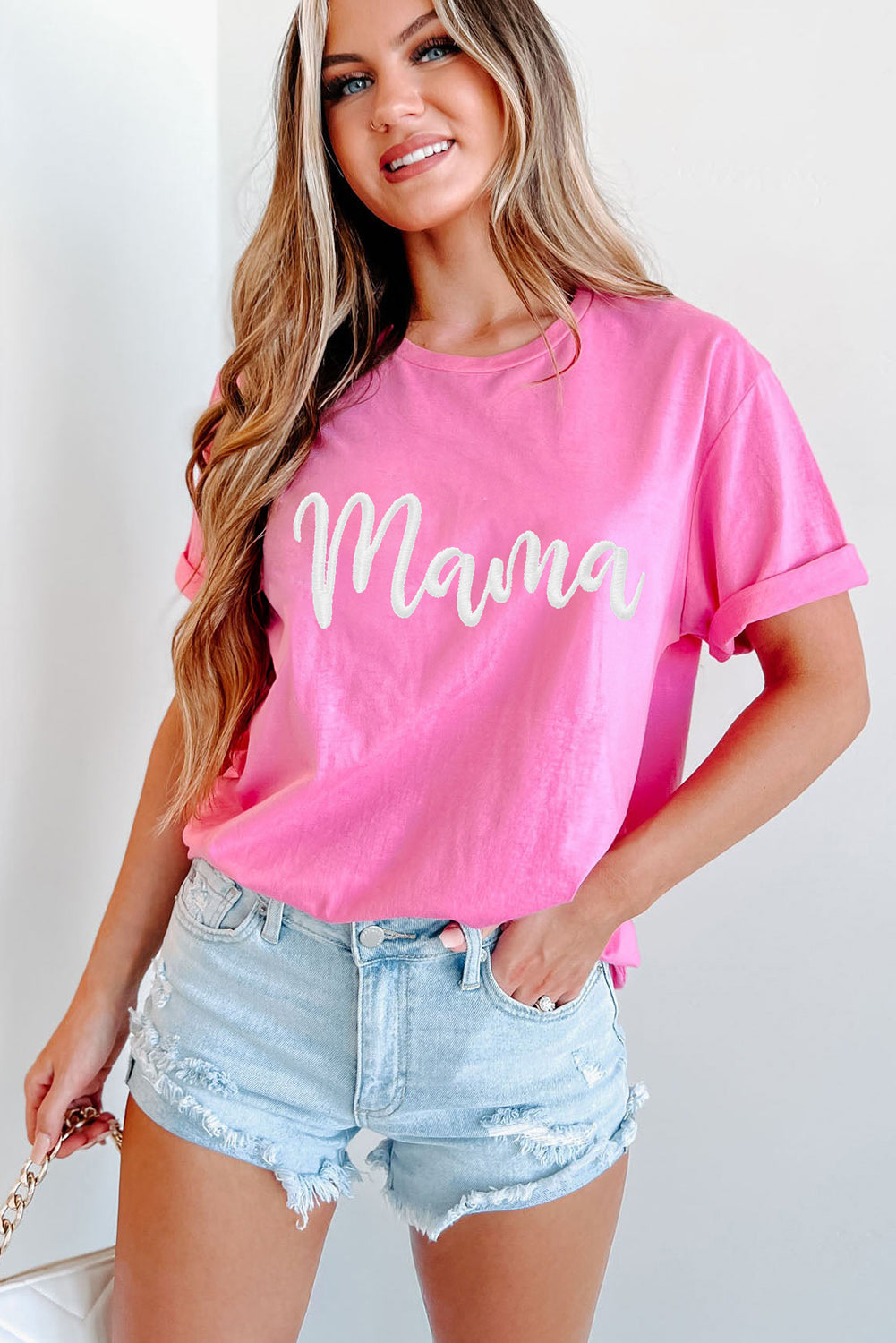 Sachet Pink mama Embroidered Graphic Crewneck Mothers Day T Shirt