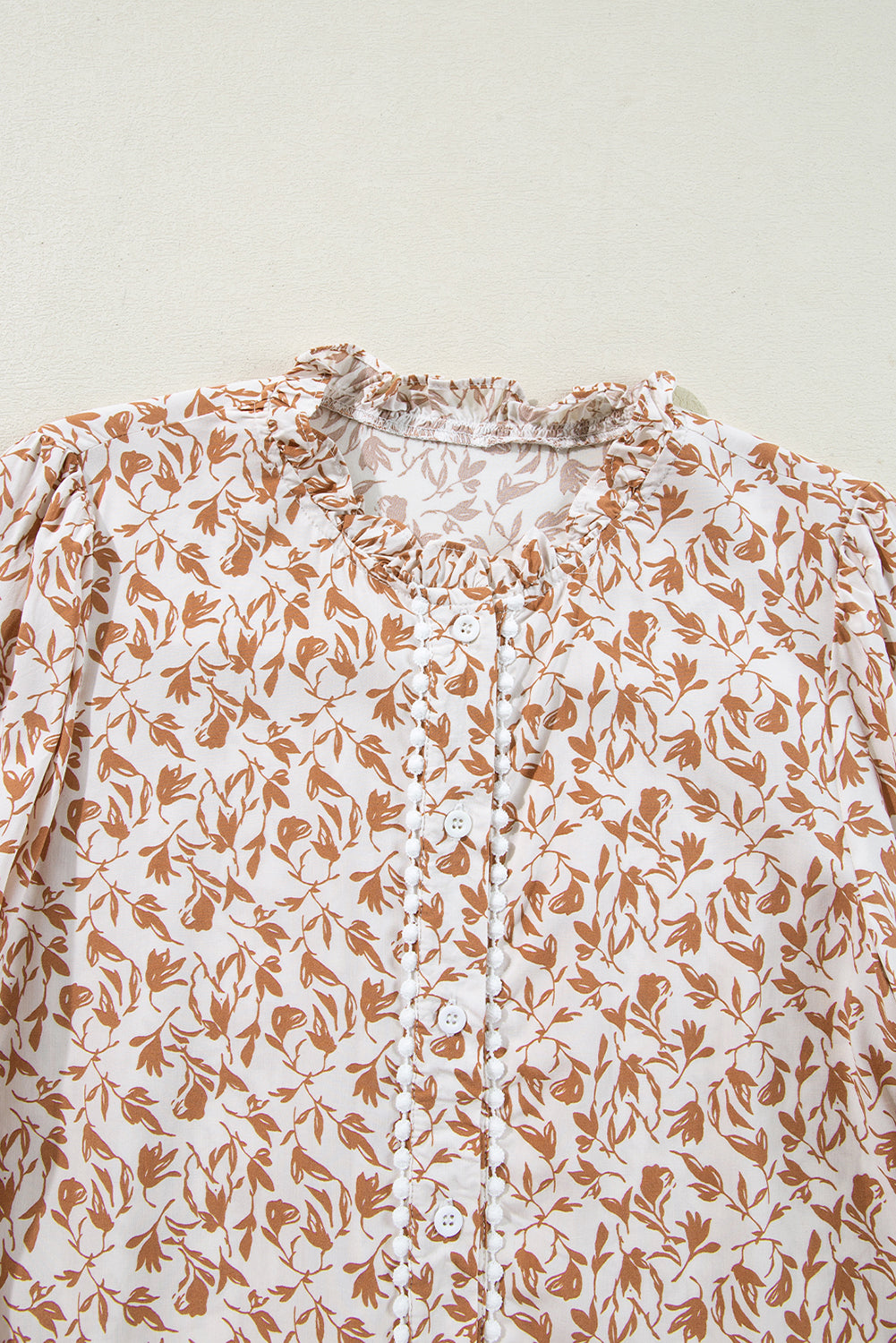 Green Printed Lace Detail Floral Puff Sleeve Fall Shirt