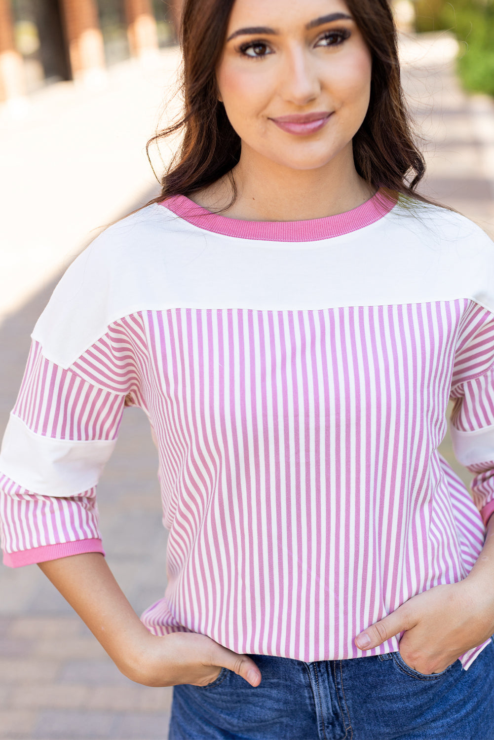 Pink Stripe Patchwork Bracelet Sleeve Plus Size T Shirt