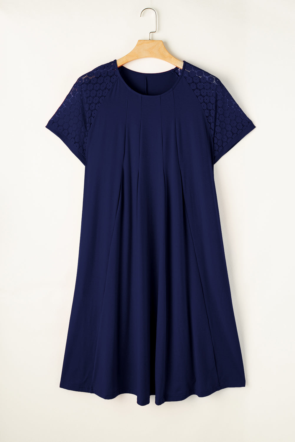 Light Pink Plus Size Solid Color Lace Short Sleeve Pleated Swing Dress