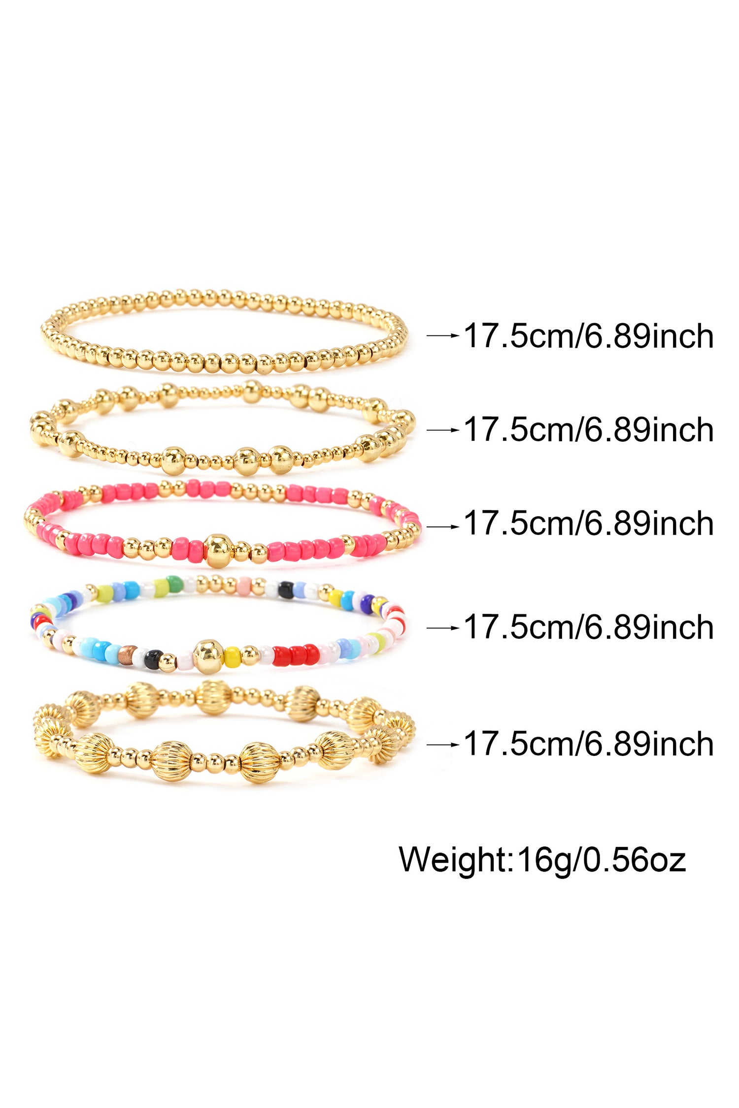Gold 5pcs Vibrant Beading Stackable Elastic Bracelet Set