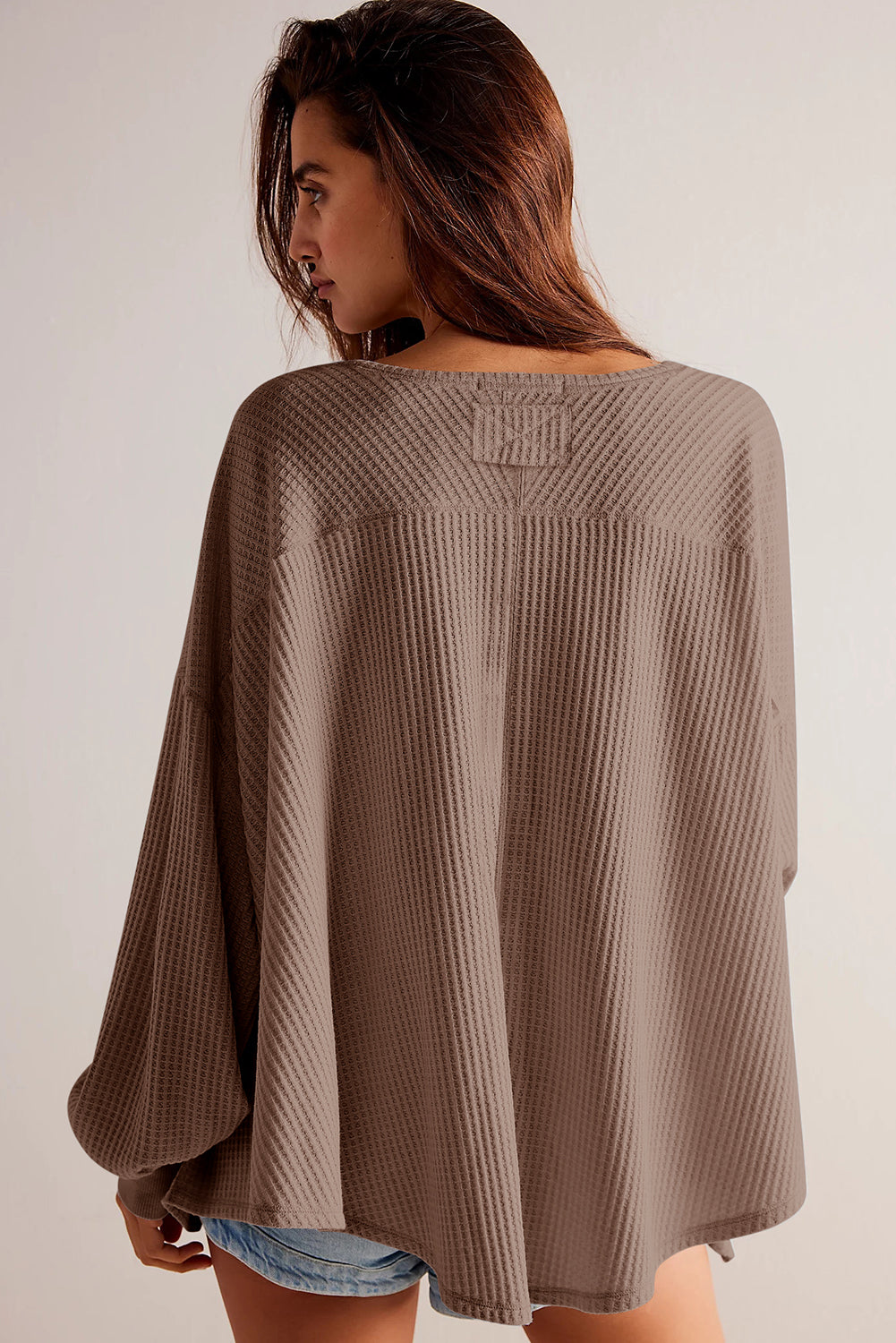 Light Pink Waffle V Neck Long Sleeve Drop Shoulder Loose Blouse