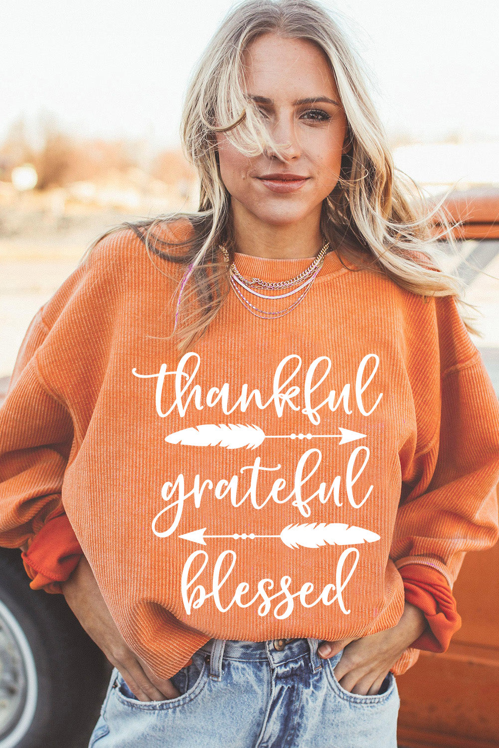 Orange Thankful Ribbed Crew Neck Thanksgiving Sweatshirt