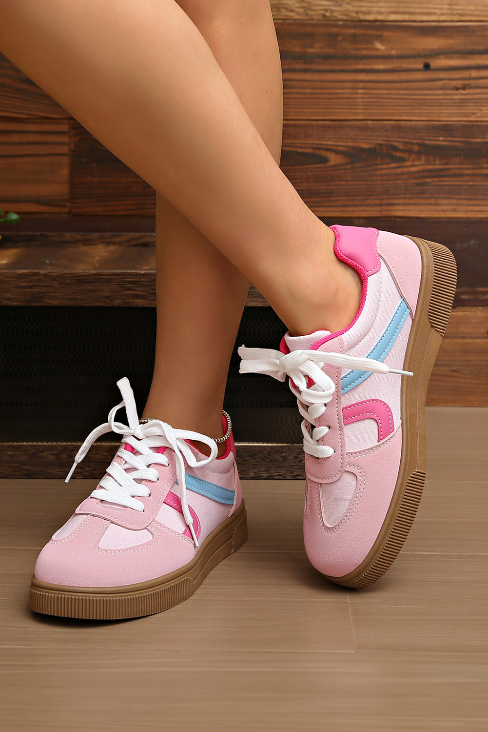 Pink Color Block PU Leather Patchwork Lace Up Flat Shoes