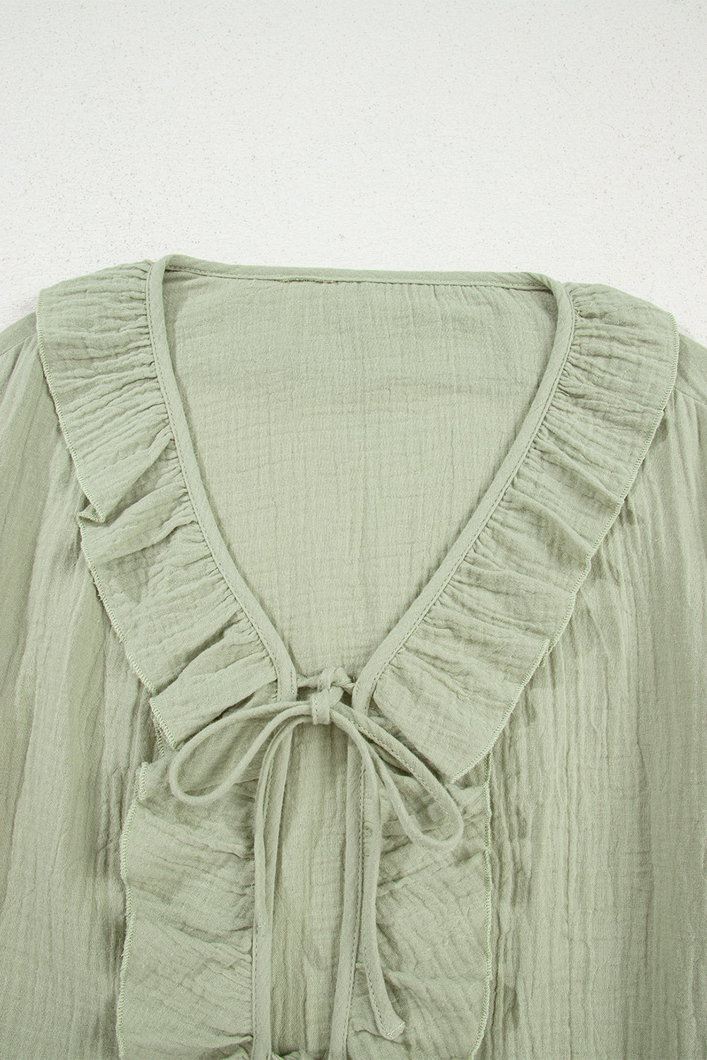 Meadow Mist Green Bow Tie Front Ruffle Trim V Neck Long Sleeve Gauze Blouse